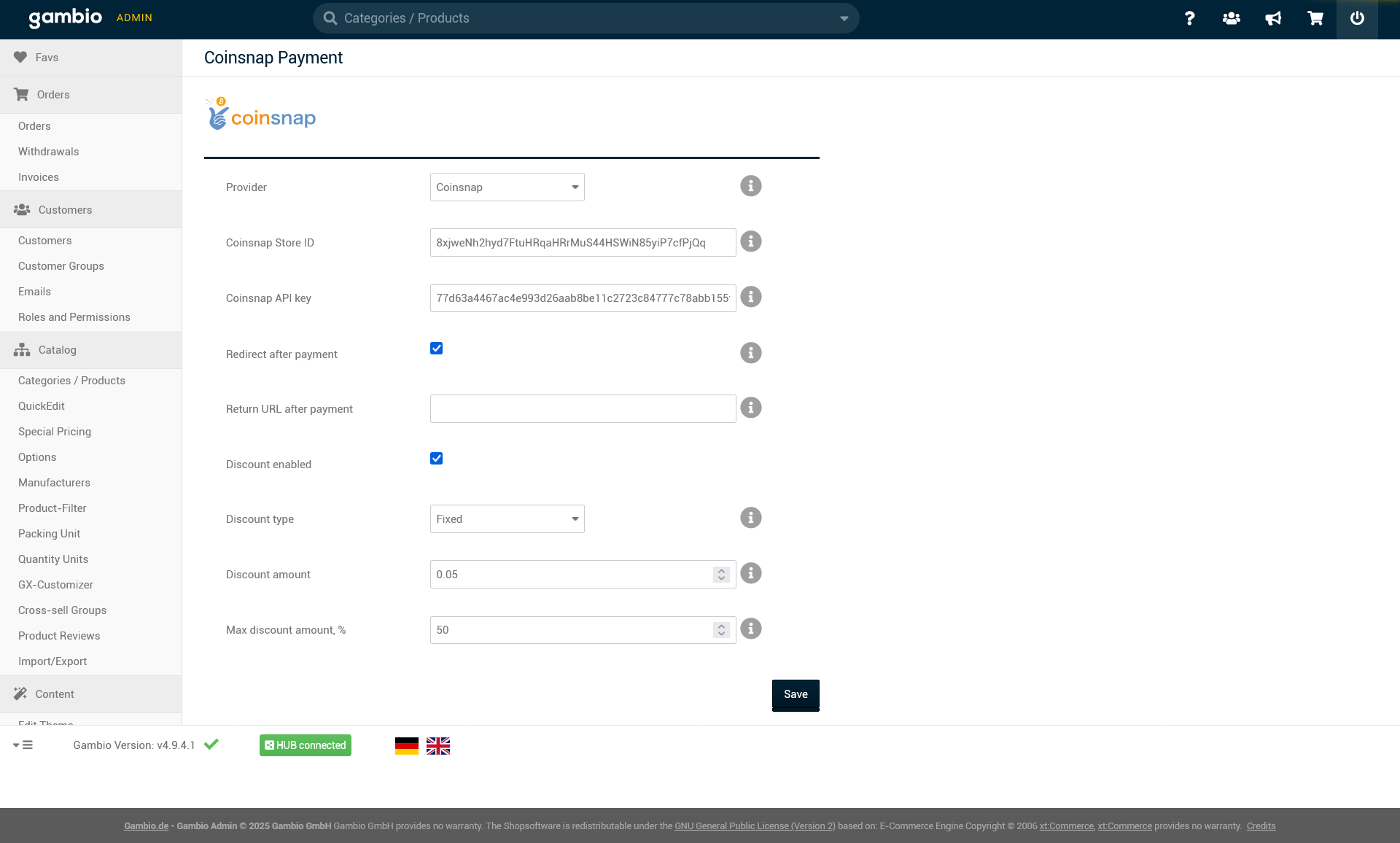 Enter Store ID and API Key