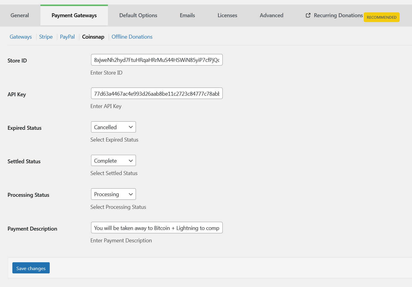 Coinsnap store settings