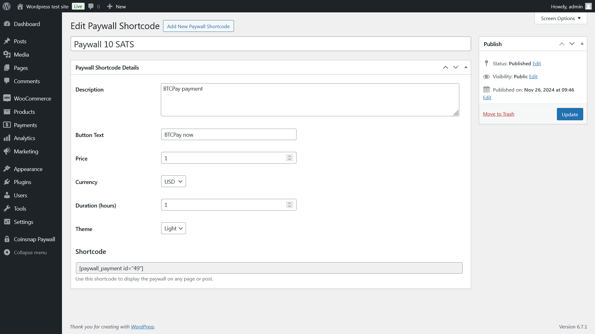 Configure your paywall shortcode